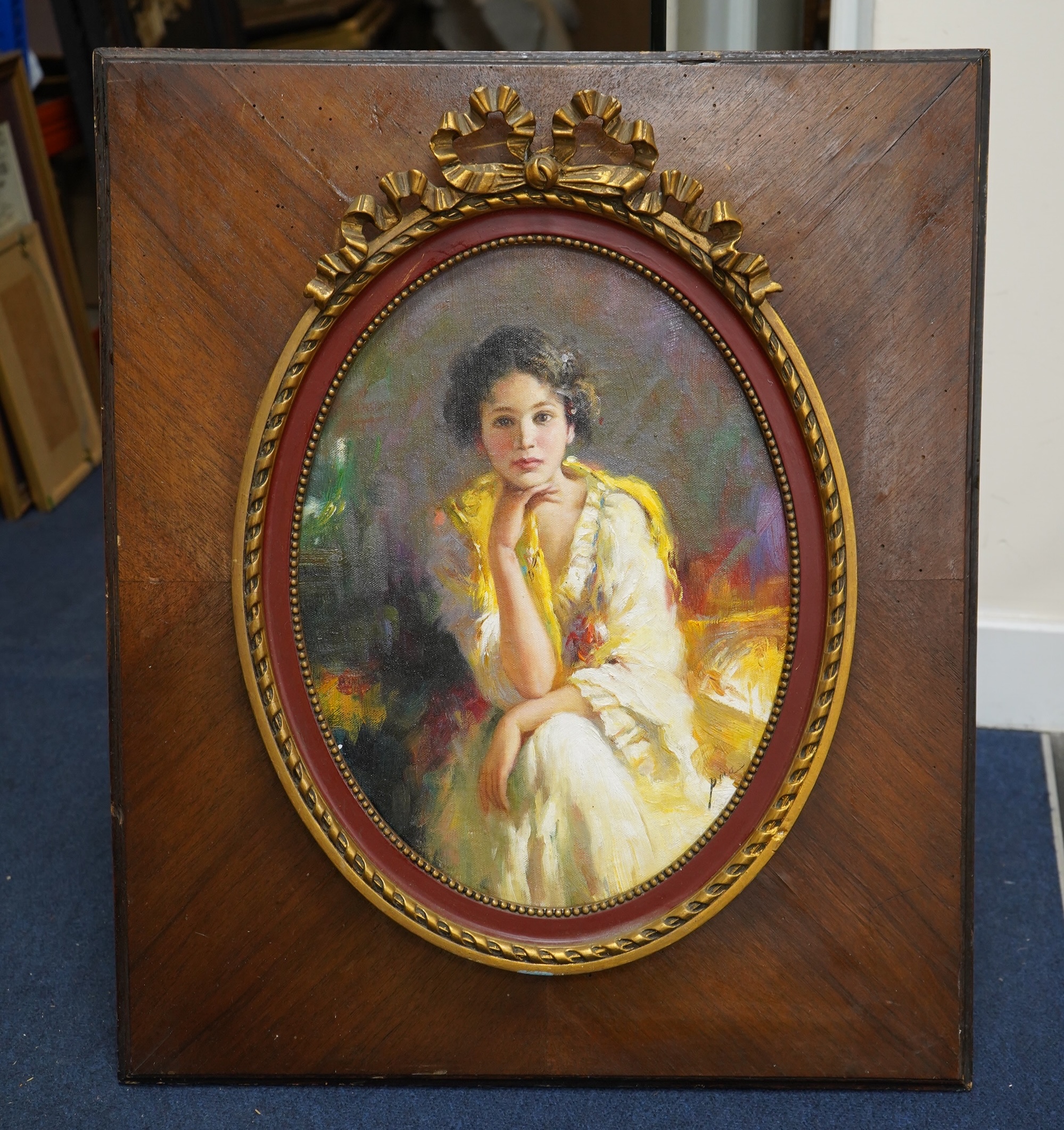 A decorative Impressionist oval oil on board, Study of an Italian beauty, 38 x 28cm, ornately framed. Condition - good